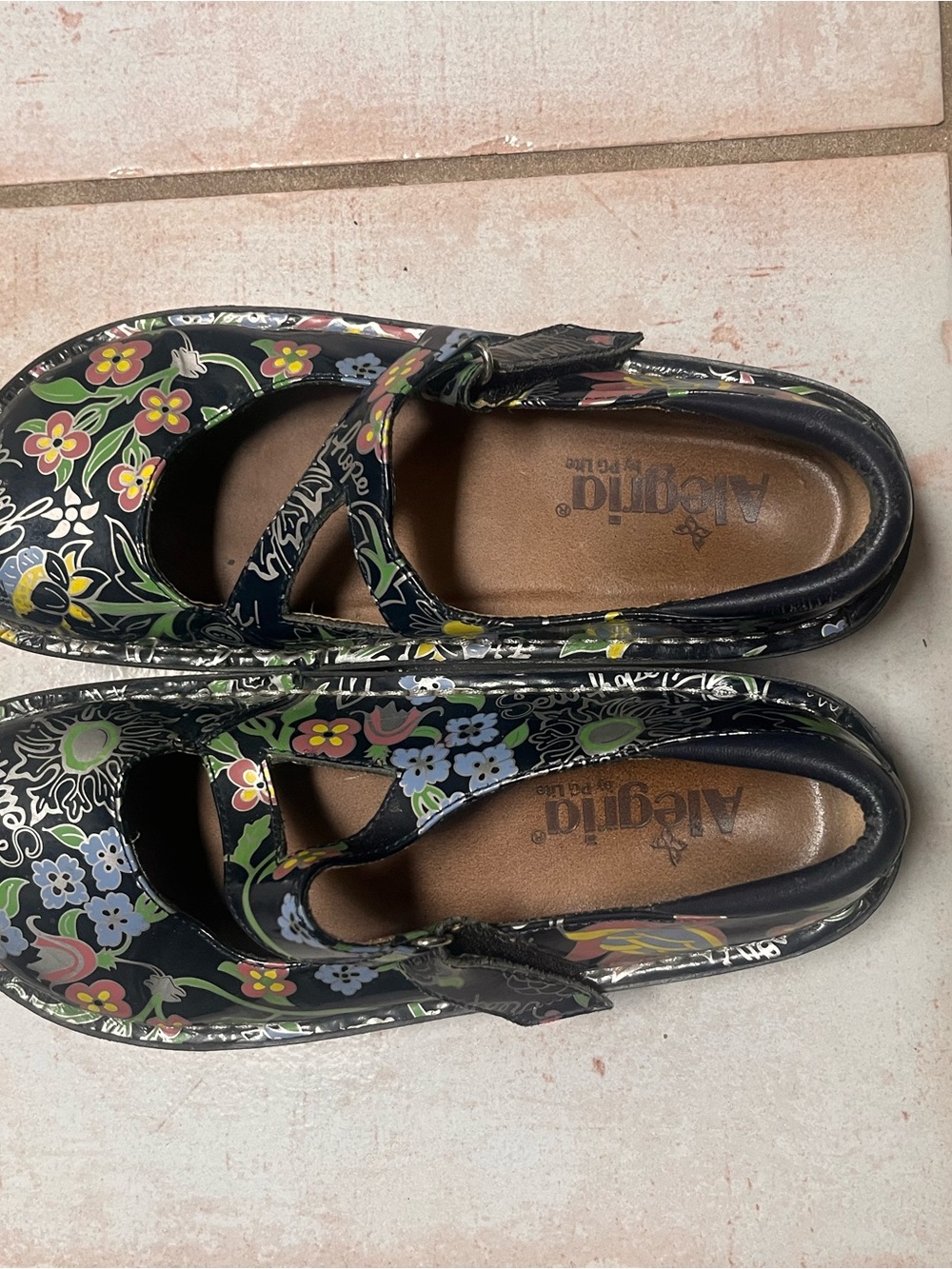 Alegria Black Floral Mary Jane Mules
